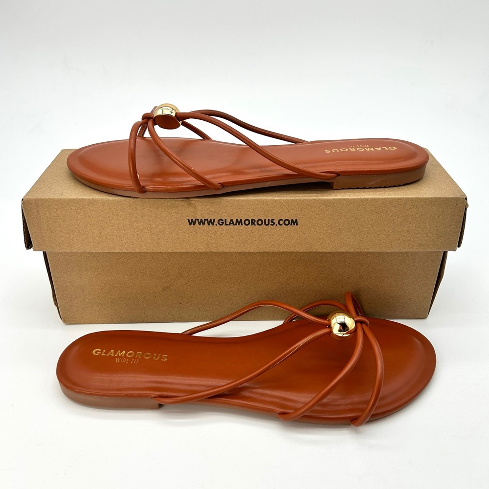 Strappy Flat Sandals Glamorous Womens Size 9 Wide Fit Brown Flip Flops NEW